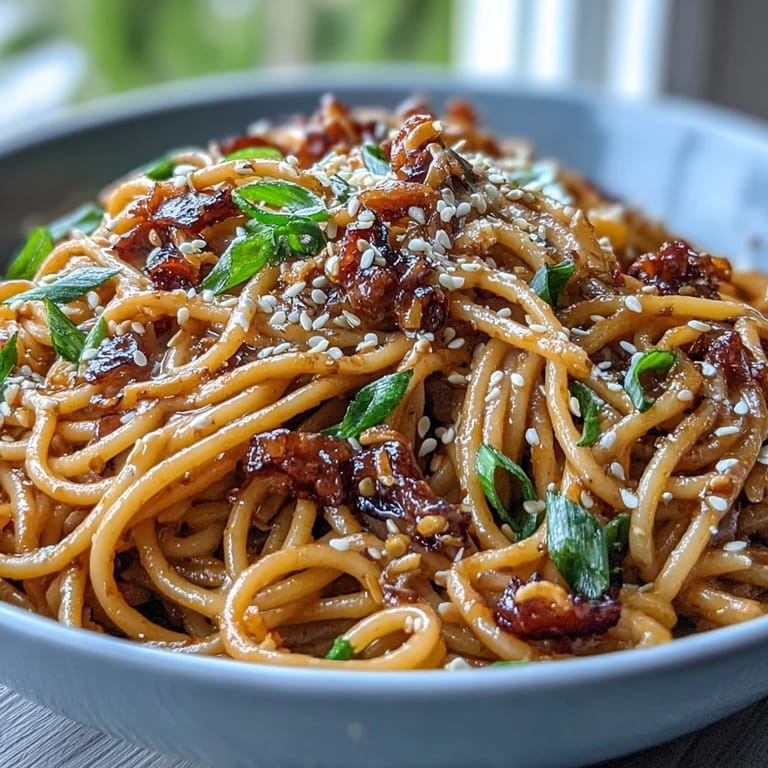 Spicy gochujang butter pasta, glistening with sauce and topped with green onions.