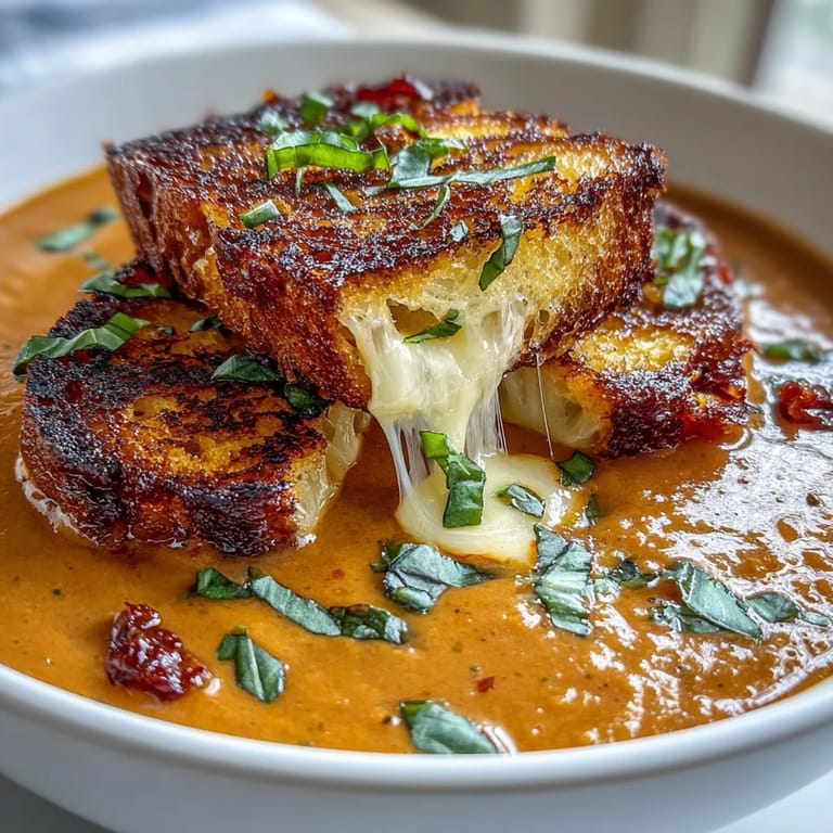 Hearty creamy tomato basil soup topped with crunchy grilled cheese croutons perfection.
