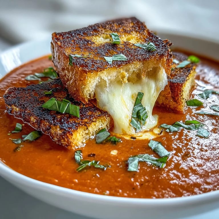 Comforting creamy tomato basil soup served hot with savory grilled cheese croutons.