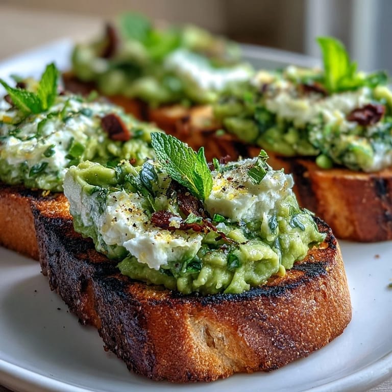 Our Fava Bean and Mint Bruschetta: grilled sourdough topped with fresh, creamy flavors.