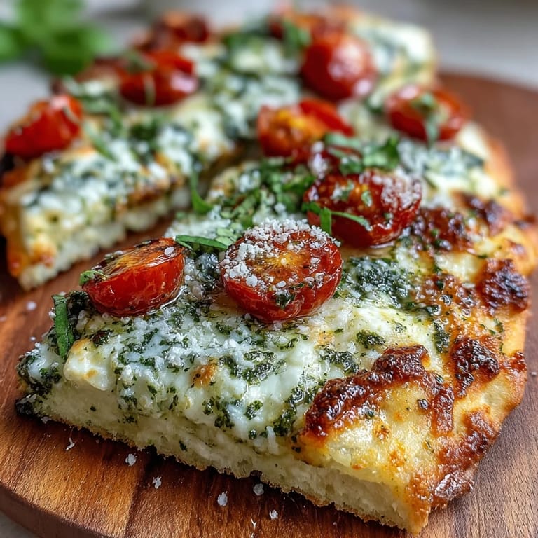 Fresh viral cottage cheese flatbread topped with vibrant pesto and ripe tomatoes.