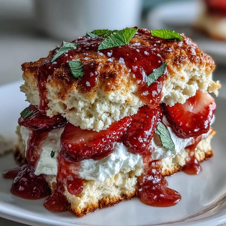 Golden, buttery Strawberry Basil Shortcake Biscuits piled high with fresh berries and sweet cream.