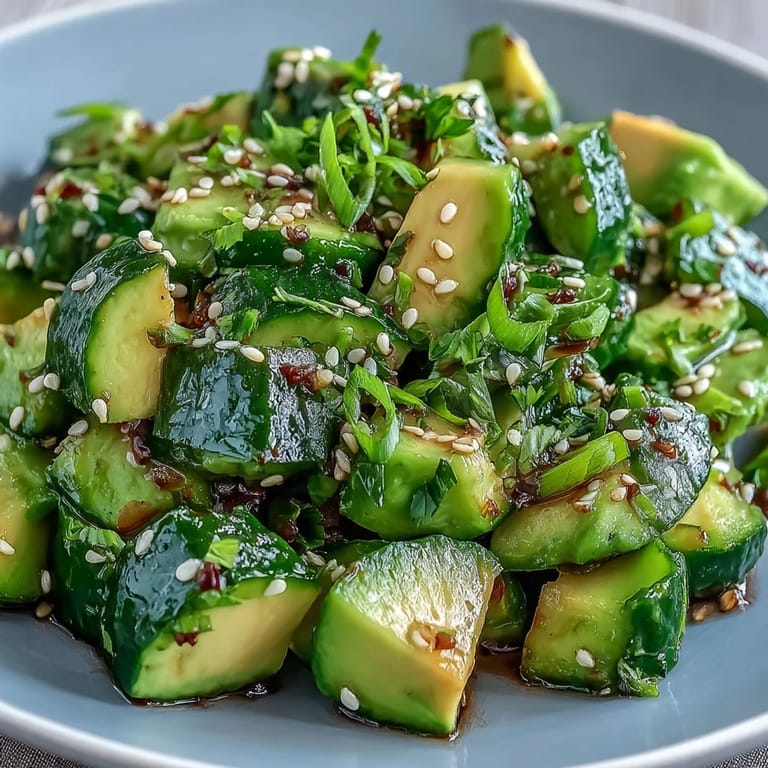 Fresh Smashed Cucumber and Avocado Salad with Sesame, a cool, crunchy side.