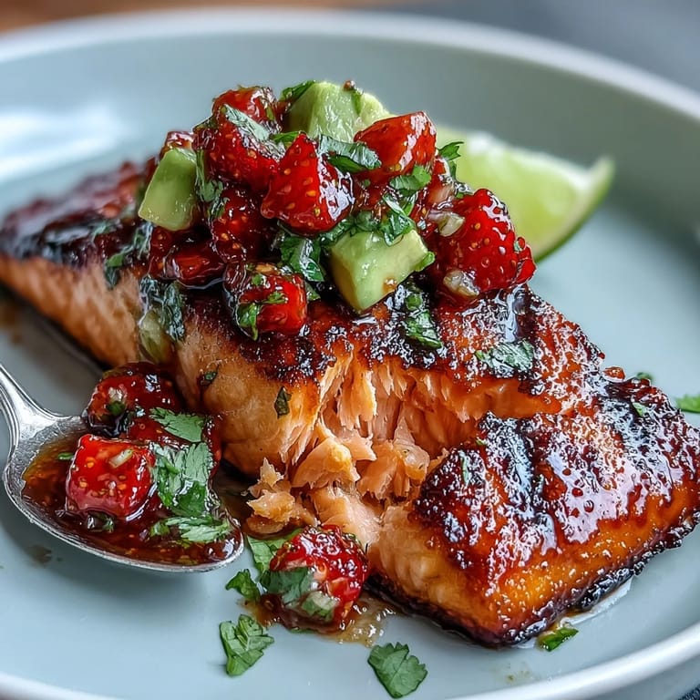Enjoy perfectly grilled salmon adorned with a bright strawberry avocado salsa and cilantro.