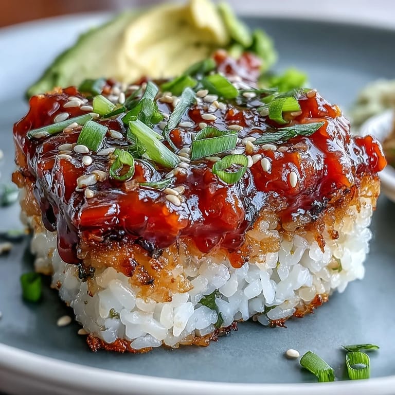 Deconstructed Crispy Rice Salad with Spicy Tuna, avocado, and a drizzle of dressing.