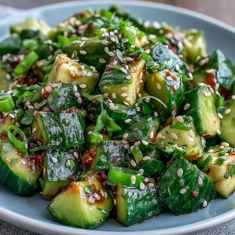 Delicious Smashed Cucumber and Avocado Salad with Sesame, topped with sesame seeds.