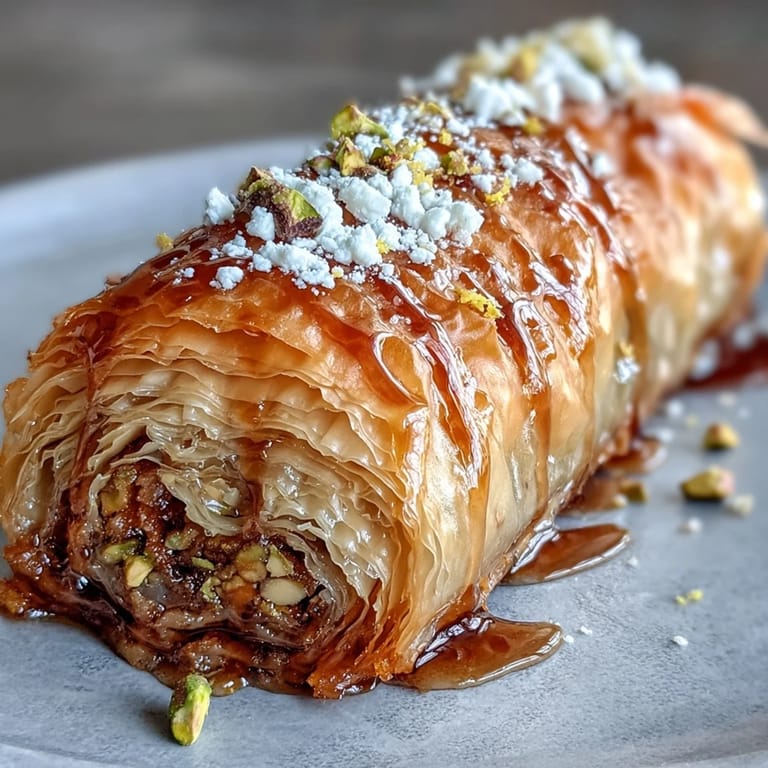 Crispy baked Pistachio Baklava Rolls piled high, ready for drizzling.