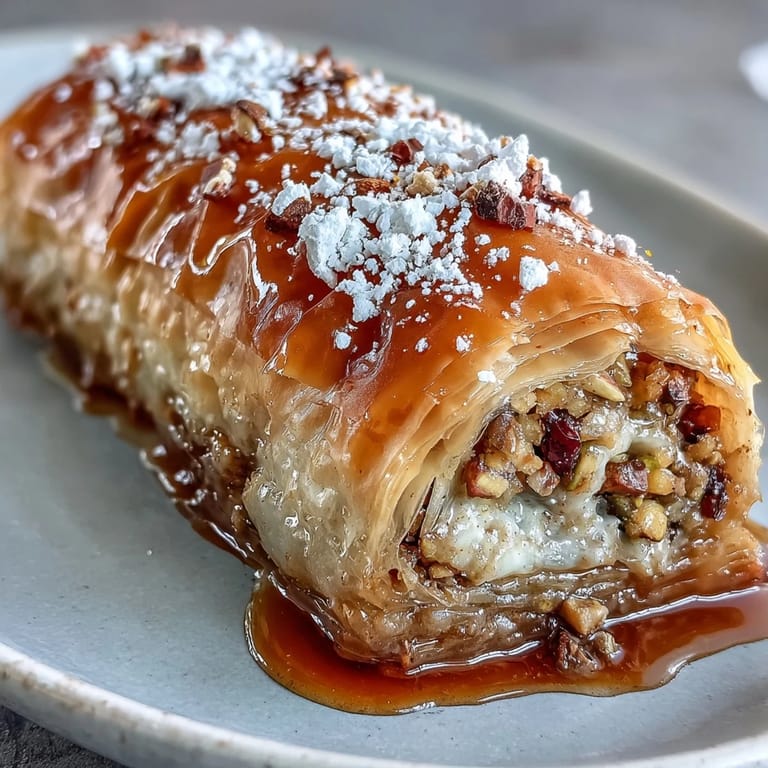 Delicious Pistachio Baklava Rolls showered with chopped nuts, a perfect dessert.