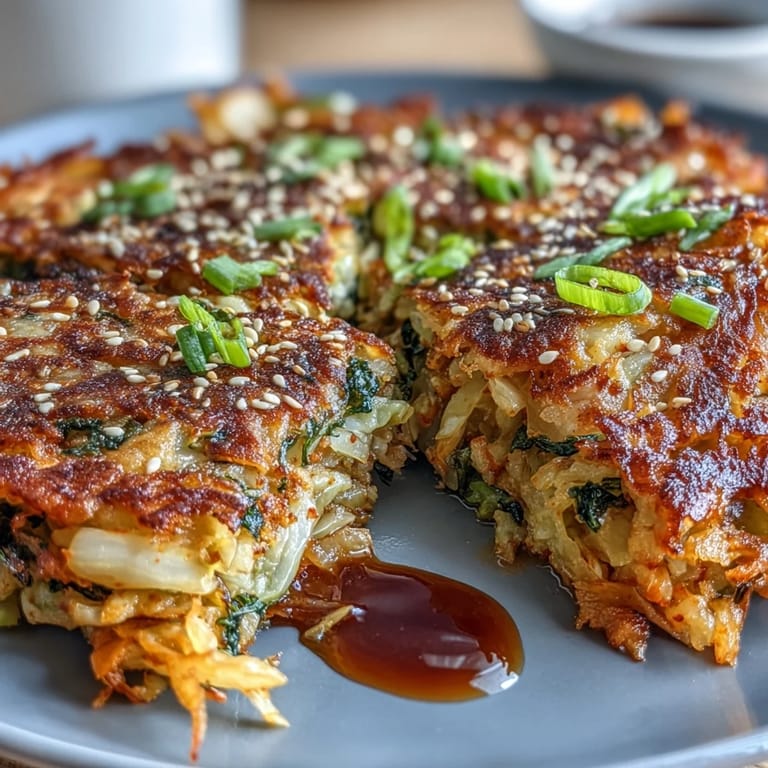 Savory pan-fried Crispy Cabbage Kimchi Pancakes, boasting delicious, tangy flavors.