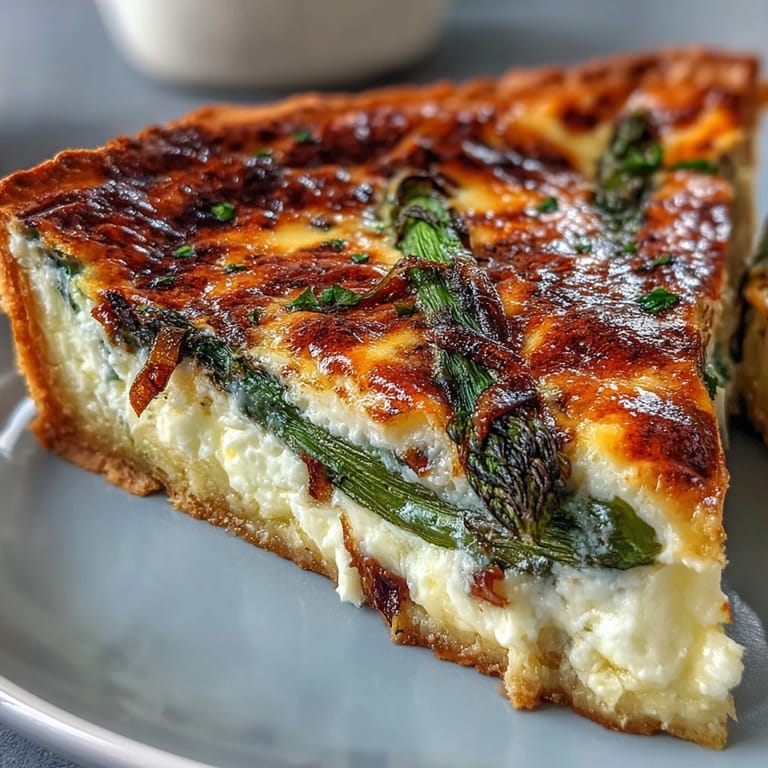 Savor a slice of savory Spring Asparagus Quiche, featuring tender greens.