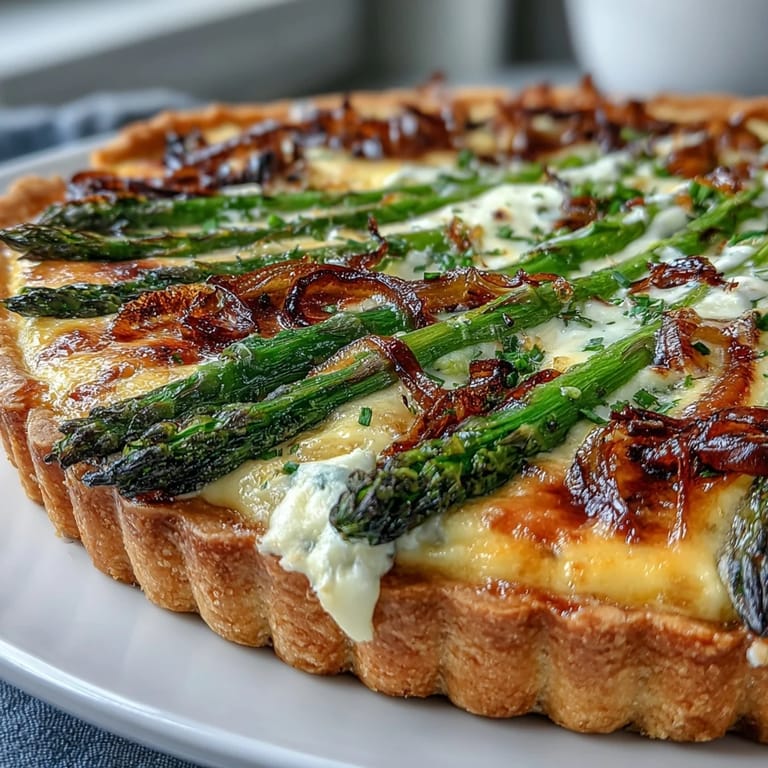 Elegant Spring Asparagus Quiche served warm with a flaky, buttery crust.