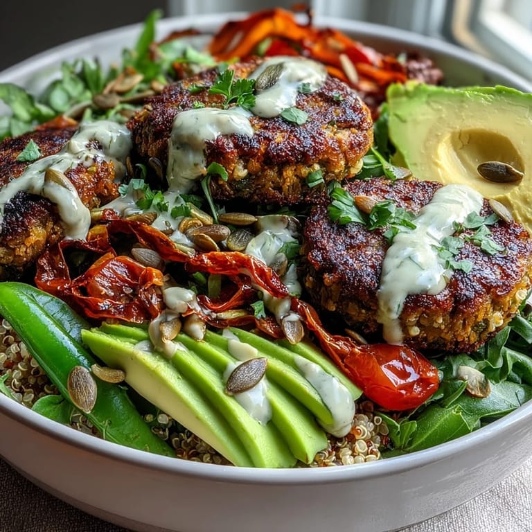 Colorful Spring Buddha Bowl featuring falafel, quinoa, and zesty lemon dressing.