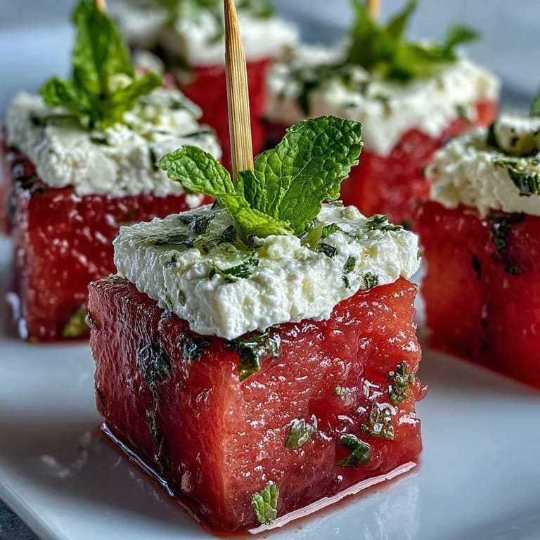 Juicy watermelon feta bites, sprinkled with mint, ideal for easy summer entertaining.