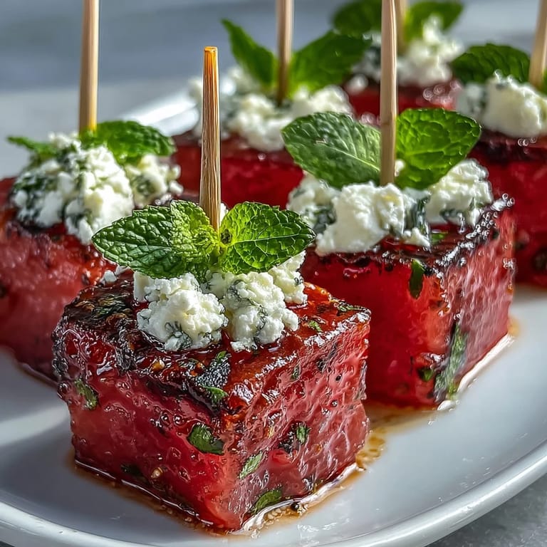 Vibrant watermelon feta bites, featuring creamy cheese and fresh mint, ready to impress guests.