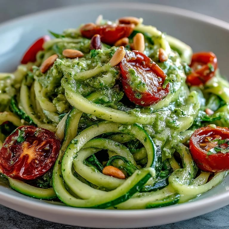 Fresh zucchini noodles coated in rich avocado pesto, a healthy, delicious Mediterranean delight.