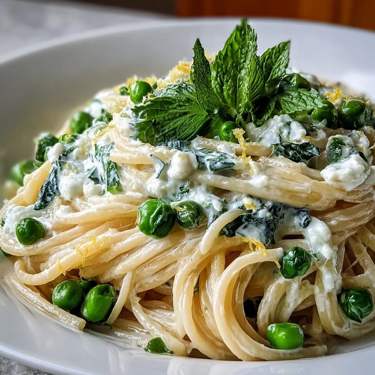 A bright dish of lemon ricotta pasta featuring pops of sweet peas and mint.