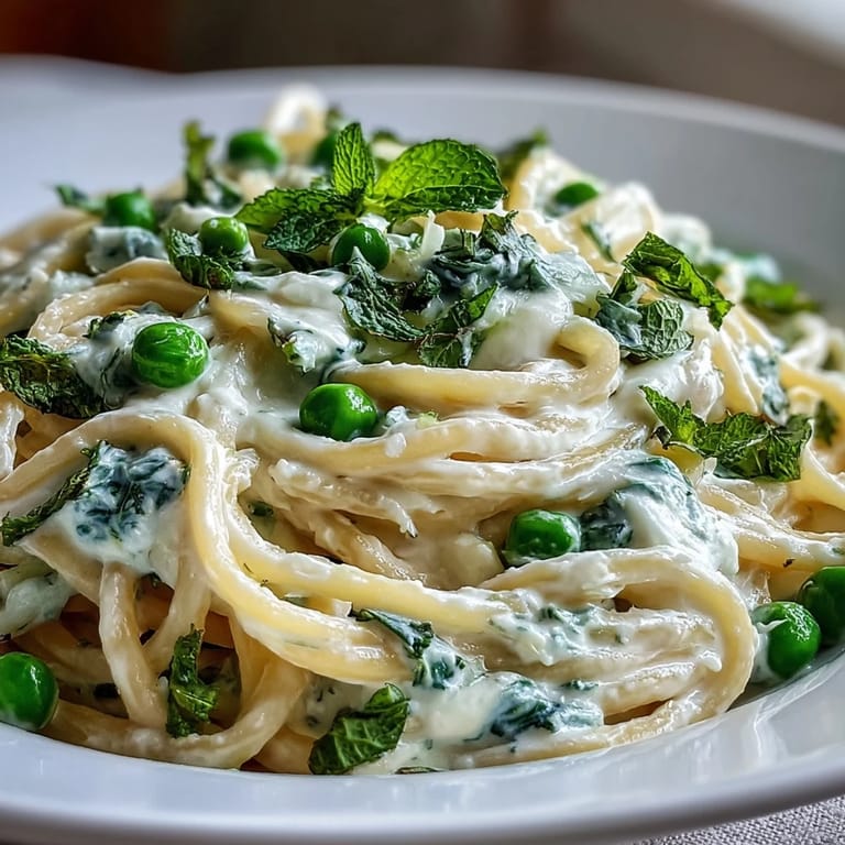 Tender lemon ricotta pasta with peas and mint, easily served for a light dinner.