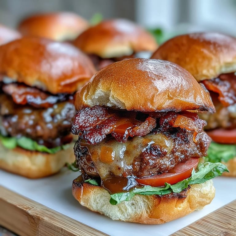 Savory mini burgers featuring smoky bacon and cheesy goodness, ready for grilling.