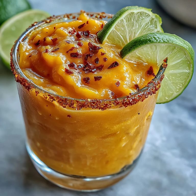 Enjoy this Fruity Spicy Mango Margarita Slushie: cool, sweet, spicy, and perfect for a sunny day.