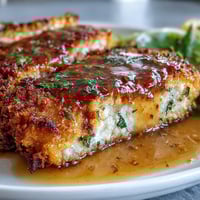 Golden-brown Lemon Parmesan Crusted Chicken cutlets rest on a platter, generously drizzled with a bright, silky lemon butter sauce.