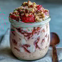 Strawberry cheesecake overnight oats with graham crumble in a glass jar, creamy oats layered with fresh strawberries and topped with crunchy graham cracker crumble for a decadent breakfast treat.