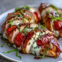 Caprese stuffed chicken breast with melted mozzarella, fresh tomatoes, and basil, baked until golden and juicy for a vibrant Italian dinner.