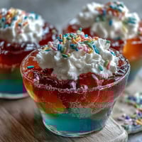 Vibrant rainbow Jello cups with bright red, orange, yellow, green, blue, and purple layers topped with whipped cream and sprinkles.