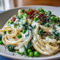 Spring pasta with lemon cream sauce and peas in a white bowl, garnished with fresh chives and lemon zest.