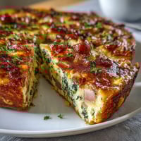 Savory One-Pan Ham and Swiss Frittata with melted Swiss cheese and fresh spinach, baked until golden and fluffy in a cast iron skillet.
