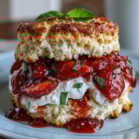 Juicy Strawberry Basil Shortcake Biscuits crowned with fluffy cream, a delightful summer dessert.