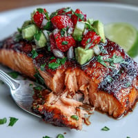 Grilled salmon fillets topped with vibrant strawberry avocado salsa, a summer delight.