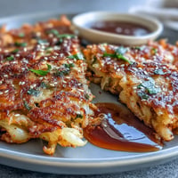 Golden brown Crispy Cabbage Kimchi Pancakes served hot with dipping sauce.