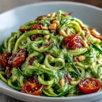 Zucchini Noodles with Avocado Pesto, vibrant green swirls tossed in creamy, herbed goodness.